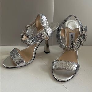 Jimmy Choo Silver Glitter Crystal-Embellished High Heels 36